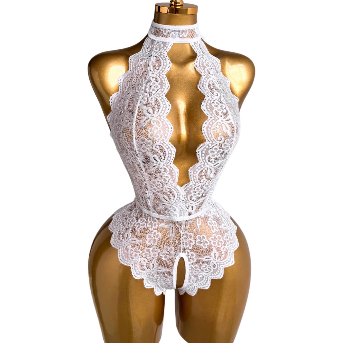 White Halter Neck Floral Lace  - Lace Teddy Lingerie ulasan dan harga