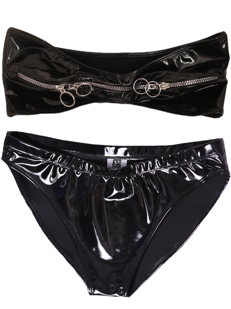 Wet Look PVC Outfit Zipper Bus - Thong Bikini Women ulasan dan harga
