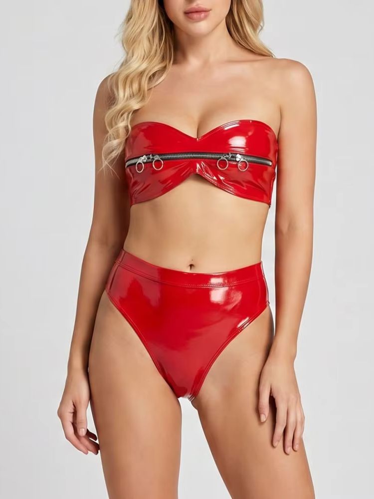 Wet Look PVC Outfit Zipper Bus - Thong Bikini Women ulasan dan harga