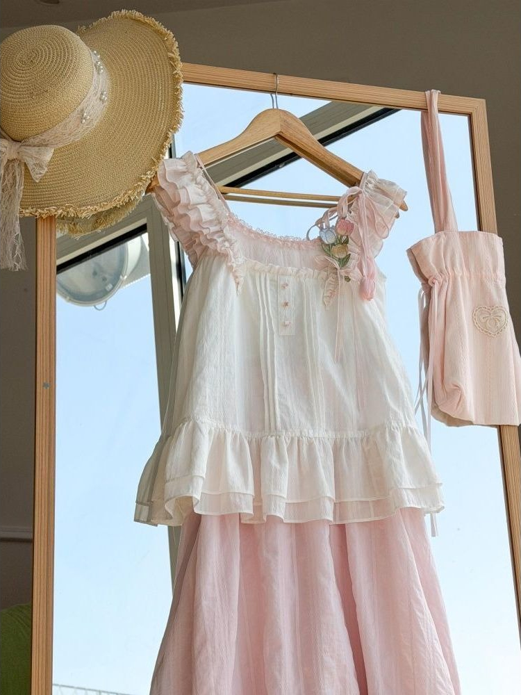 Sweet Kawaii Ruffle Trim Tulip - Cami Top Lace ulasan dan harga